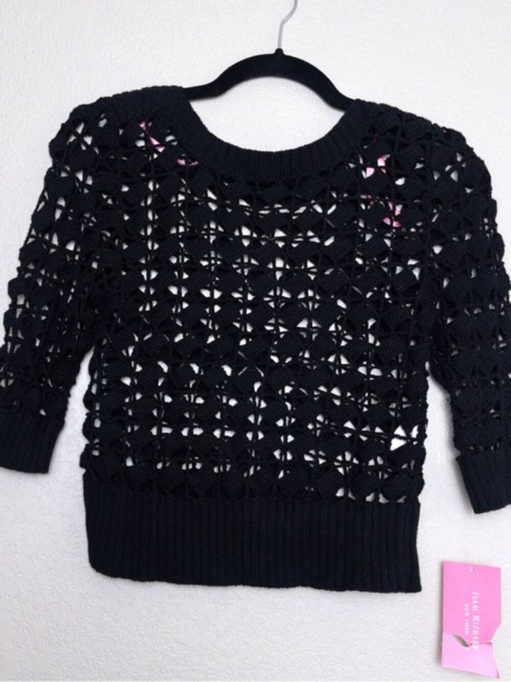 NWT Isaac Mizrahi Open Knit Sweater S Black Three Quarter Sleeve Sheer Crochet